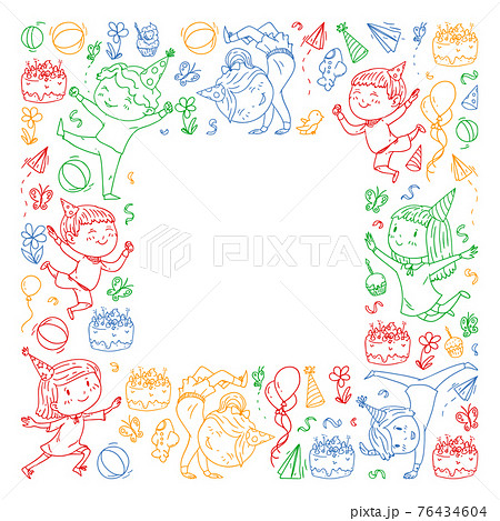 Vector illustration in cartoon style, active company of playful preschool kids jumping, at a party, birthday, colorful pen. Vector illustration in cartoon style, active company of playful preschool kids jumping, at a party, birthday, colorful pen. 76434604