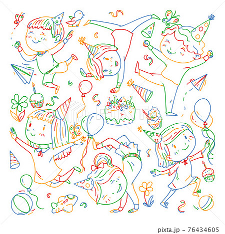 Vector illustration in cartoon style, active company of playful preschool kids jumping, at a party, birthday, colorful pen. Vector illustration in cartoon style, active company of playful preschool kids jumping, at a party, birthday, colorful pen. 76434605