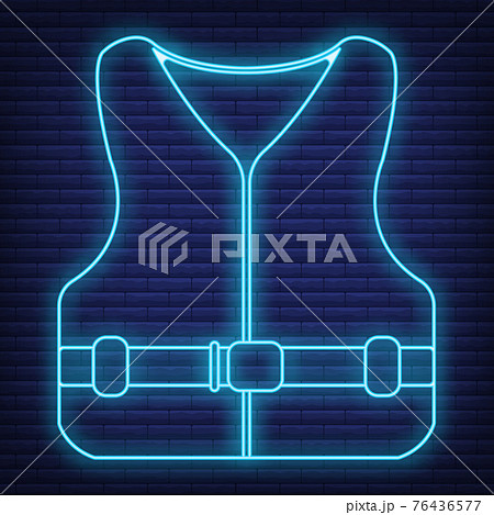 Concept neon glow style tourism equipment life jacket icon, swimming suit web element, vector illustration, isolated black brick wall background. 76436577