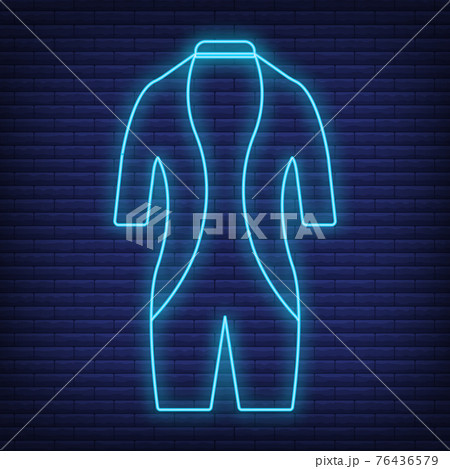 Concept neon glow style tourism equipment swimming suit icon, trip web element, vector illustration, isolated black brick wall background. Concept neon glow style tourism equipment swimming suit icon, trip web element, vector illustration, isolated black brick wall background. 76436579