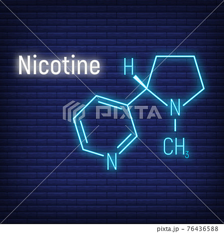 Nicotine concept glow neon style chemical formula icon label, text font vector illustration, isolated on wall background. Periodic element table. 76436588