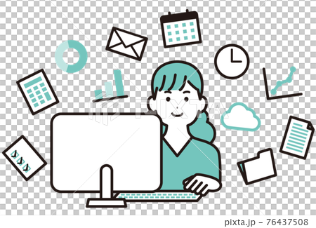 パソコン作業をする私服のビジネスウーマンとビジネスのアイコンのイラスト素材