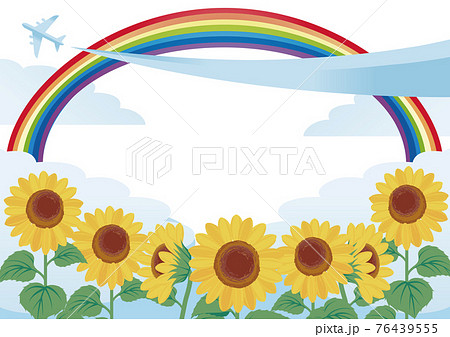 夏 青空 飛行機 ひまわり 雲 虹 コピースペース 背景 イラストのイラスト素材