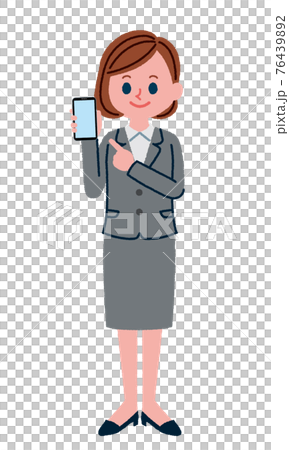 一個穿著西裝的女人拿著智能手機的插圖 76439892