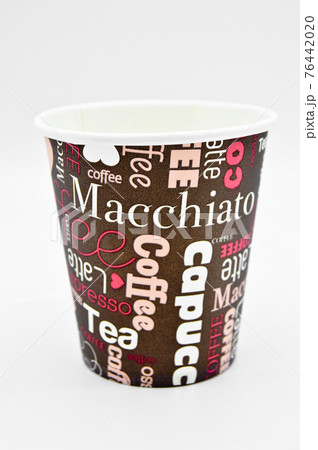 Disposable cardboard cup with the inscription of different kinds of coffee and tea, isolated on white background 76442020