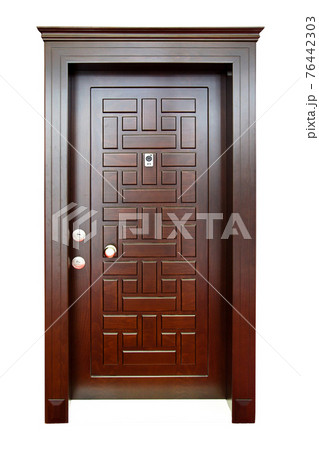 Modern brown wooden looking steel door, electronic security lock system, isolated on white background 76442303