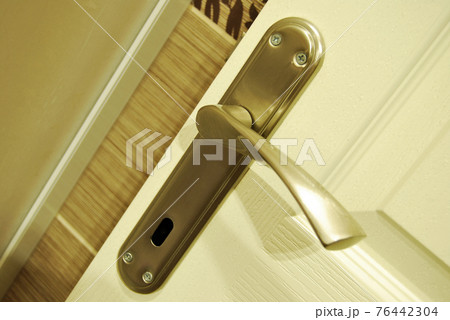Modern white wooden door and metal door handle in a luxury house or hotel 76442304