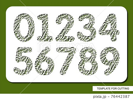 Stencil with all numbers. Carved floral pattern of leaves, twigs. Eco sign - 1 (one), 2 (two), 3 (three), 4 (four), 5 (five), 6 (six), 7 (seven), 8 (eight), 9 (nine), 0 (zero). Template for laser cut. Stencil with all numbers. Carved floral pattern of leaves, twigs. Eco sign - 1 (one), 2 (two), 3 (three), 4 (four), 5 (five), 6 (six), 7 (seven), 8 (eight), 9 (nine), 0 (zero). Template for laser cut. 76442387
