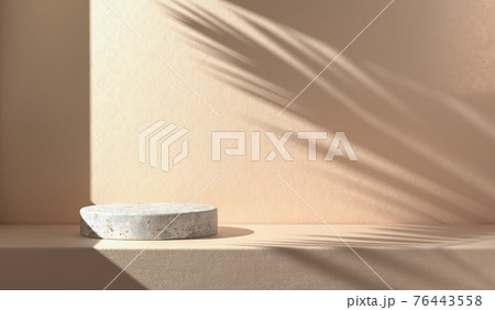 Minimal Mockup Empty Stone Podium With Sunshade Shadow Palm Leaf On Concrete Wall Abstract Background 3d Render 76443558