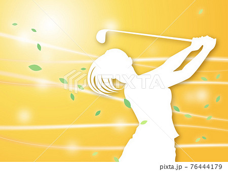 ゴルフイラスト シルエットの女性ゴルファー 1 風のきらめき 黄色 オレンジ色のイラスト素材
