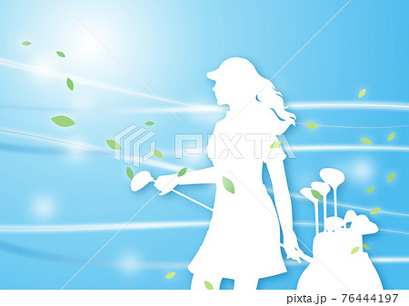 ゴルフイラスト シルエットの女性ゴルファー 5 風のきらめき 青・水色・ブルー ゴルフイラスト シルエットの女性ゴルファー 5 風のきらめき 青・水色・ブルー 76444197