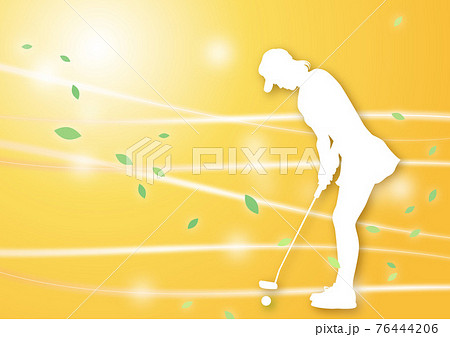ゴルフイラスト シルエットの女性ゴルファー 7 風のきらめき 黄色 オレンジ色のイラスト素材