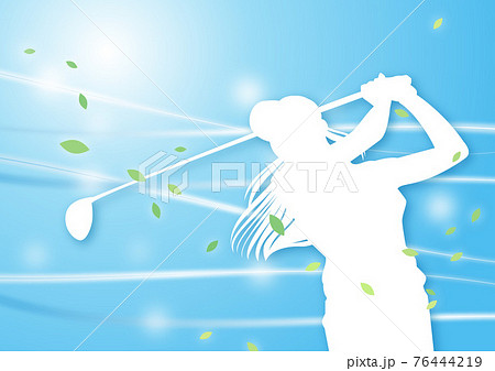 ゴルフイラスト シルエットの女性ゴルファー 10 風のきらめき 青 水色 ブルーのイラスト素材
