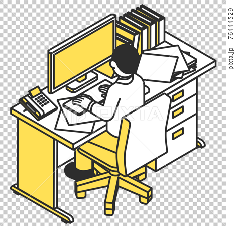 散らかっているデスクでパソコン作業をする男性のイラスト素材のイラスト素材