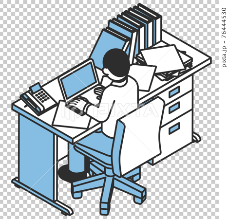散らかっているデスクでパソコン作業をする男性のイラスト素材のイラスト素材