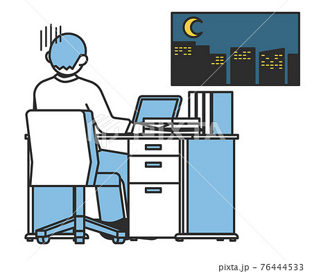 会社のデスクでパソコン作業をする疲れている男性のイラスト素材のイラスト素材