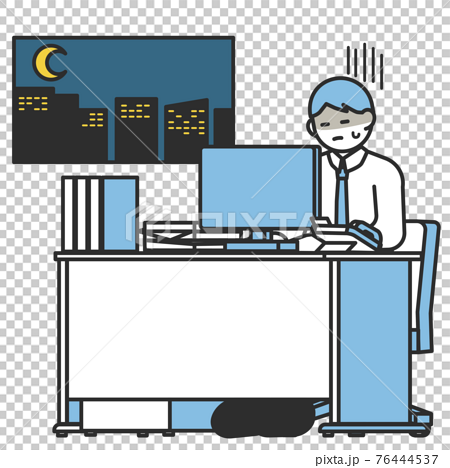 会社のデスクでパソコン作業をする疲れている男性のイラスト素材のイラスト素材
