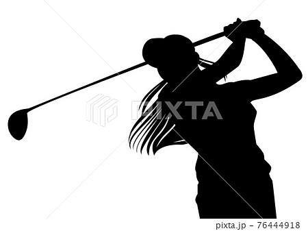ウィメンズゴルフのシルエット 女子ゴルファー レディース ボールを打つプレーヤーのイラスト素材