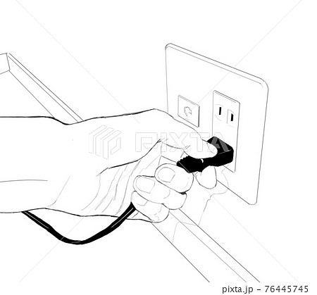 コンセントにプラグを挿入するリアルな手のモノクロイラスト2のイラスト素材