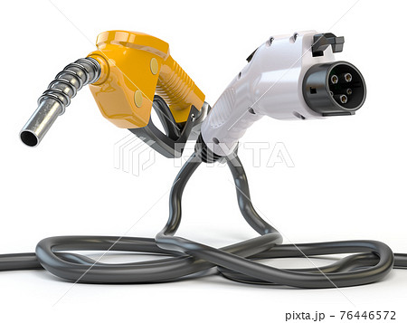 Electric vehicle EV charging plug and gas nozzle isolated on white. 76446572