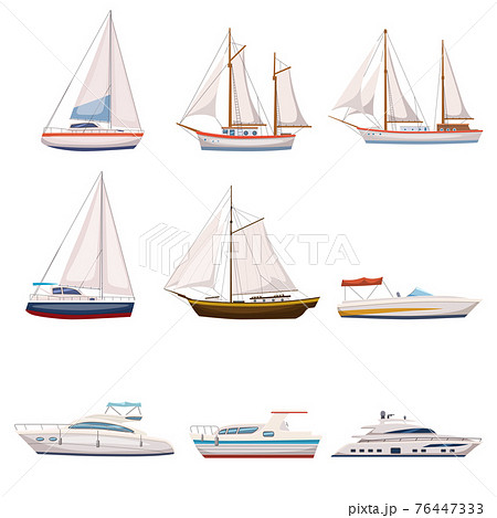 Super set of water carriage and maritime transport in modern cartoon design style. Ship, boat, vessel, warship, cargo ship, cruise ship, yacht, wherry, hovercraft. Isolated 76447333