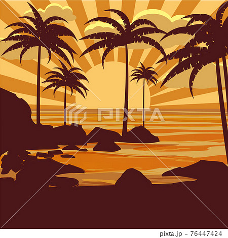 Vector floral tropical background with palm trees, palms silhouettes, beach, sea, ocean, vector, isolated, baner, poster, card 76447424