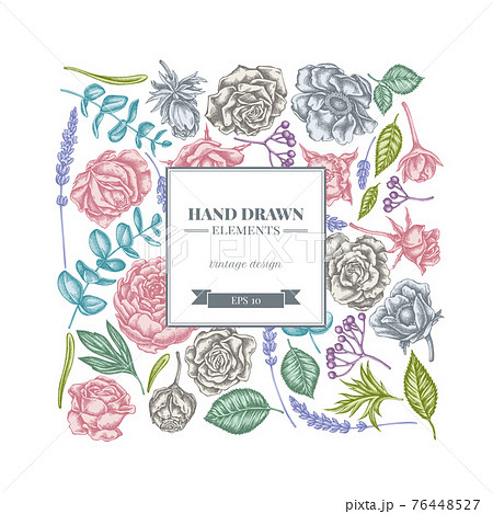 Square floral design with pastel roses, anemone, eucalyptus, lavender, peony, viburnum 76448527