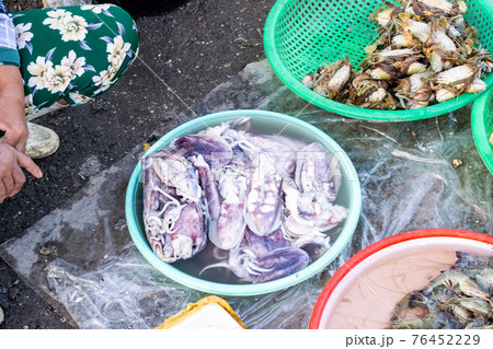 Live sea crabs and marine life lie in a tray at an Asian fish market. Vietnamese market. Sea catch. 76452229
