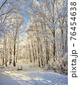 Beautiful winter park, trees in hoarfrost, sunset 76454638