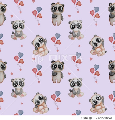 Seamless patterns with cute bears. Funny pandas on a light purple background with hearts and balloons. Watercolor. Childrens collection. For printing, textiles, wallpaper, packaging, design 76454658