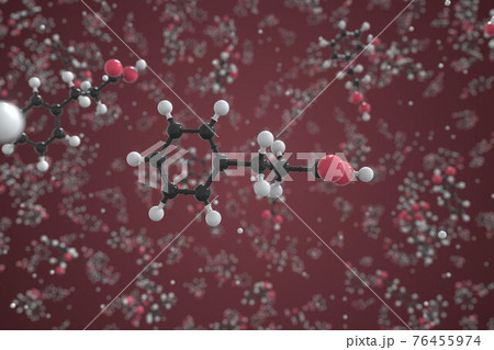 Hydrocinnamic acid molecule, ball-and-stick molecular model. Chemical 3d rendering Hydrocinnamic acid molecule, ball-and-stick molecular model. Chemical 3d rendering 76455974