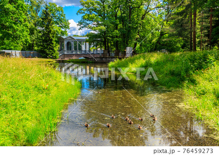 Marble bridge or Siberian Marble Gallery is a decorative pedestrian roofed Palladian bridge (gallery walkway) in Catherine Park in Pushkin (Tsarskoye Selo), Russia 76459273