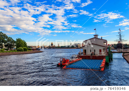 Landing stage of the rescue station of Ministry of Emergencies of Russia on Mytninskaya embankment of the Neva river in St. Petersburg, Russia Landing stage of the rescue station of Ministry of Emergencies of Russia on Mytninskaya embankment of the Neva river in St. Petersburg, Russia 76459346