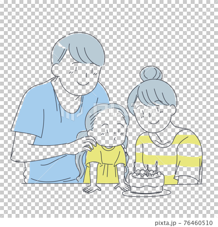 誕生日ケーキの蝋燭を吹き消す女の子と見守る家族 誕生日ケーキの蝋燭を吹き消す女の子と見守る家族 76460510