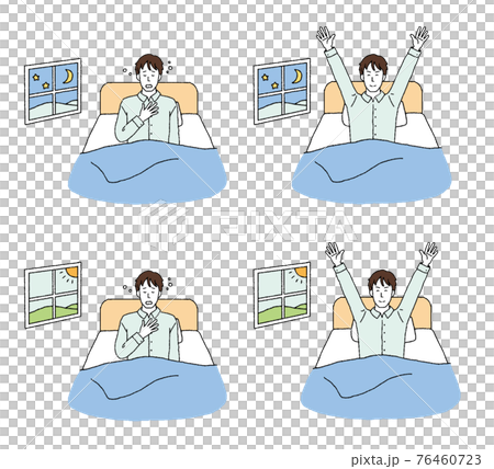 Illustration of a man in a state of lack of sleep and a good night's sleep 76460723