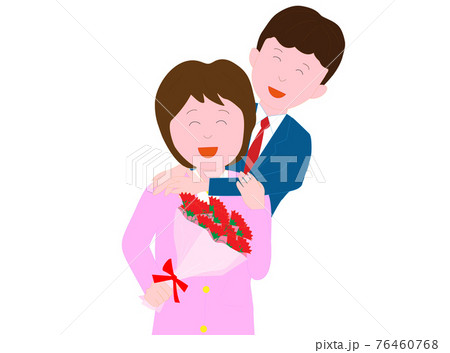 高校生の子供から母の日に花束をもらった女性のイラスト素材 高校生の子供から母の日に花束をもらった女性のイラスト素材