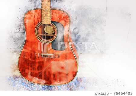 Abstract colorful acoustic guitar in the foreground on Watercolor painting background and Digital illustration brush to art. 76464405