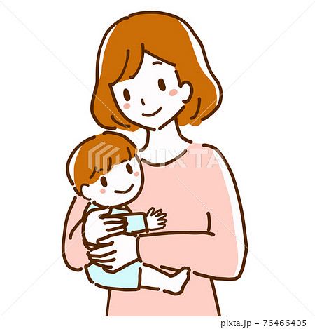 笑顔で幸せそうに赤ちゃんを抱いている若い母親の線画イラストのイラスト素材