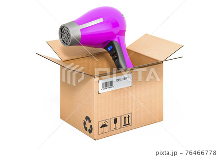 Hair dryer inside cardboard box, delivery concept. 3D rendering 76466778