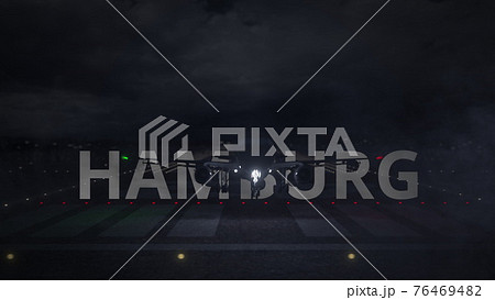 HAMBURG city name and airplane taking off from the airport at night. 3d rendering 76469482
