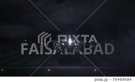 Airliner taking off from the airport runway and FAISALABAD city name, 3d rendering 76469484