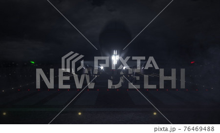 NEW DELHI text and commercial plane taking off from the airport runway at night, 3d rendering NEW DELHI text and commercial plane taking off from the airport runway at night, 3d rendering 76469488