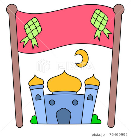 Eid al Fitr holiday banner for mosques where Muslims worship. doodle icon drawing 76469992