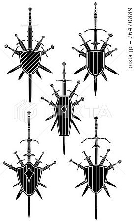 Set of simple black images of five crossed swords with medieval two-handed sword covered with shields. Set of simple black images of five crossed swords with medieval two-handed sword covered with shields. 76470889