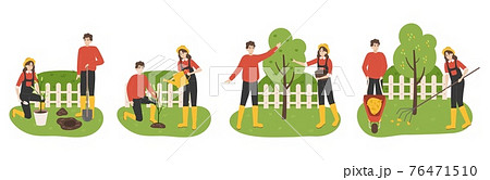 Planting Tree Family Working In Garden Couple のイラスト素材