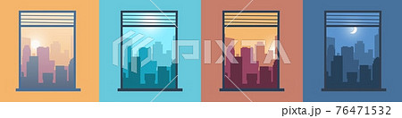 Landscape in window. City view from home. Morning or evening cityscapes set. Scenery at different day times. Silhouettes of buildings illuminated by sun and moon. Vector downtown panorama Landscape in window. City view from home. Morning or evening cityscapes set. Scenery at different day times. Silhouettes of buildings illuminated by sun and moon. Vector downtown panorama 76471532