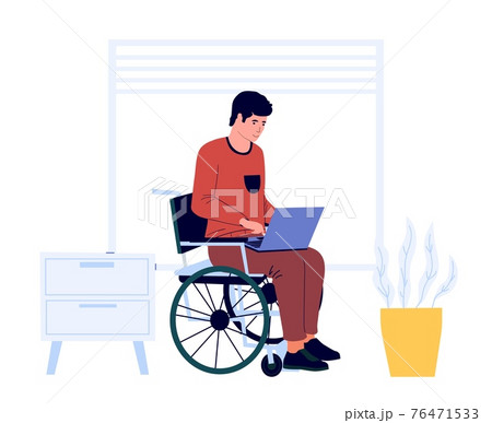 Disabled man work at home. Male sits in wheelchair with laptop. Accessible job for handicapped people. Freelance worker occupation. Equal opportunities for invalids. Vector illustration Disabled man work at home. Male sits in wheelchair with laptop. Accessible job for handicapped people. Freelance worker occupation. Equal opportunities for invalids. Vector illustration 76471533