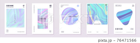 Holographic foil posters. Realistic minimal iridescent invitation banners. Purple mesh hologram flyers with geometric shapes and lettering. Creative covers set. Vector vibrant texture 76471566
