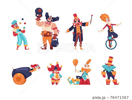 Clowns. Cartoon jokers and jesters comedians with funny faces. Circus artists performing tricks. Jugglers entertaining children at birthday parties and carnival shows. Vector actors set Clowns. Cartoon jokers and jesters comedians with funny faces. Circus artists performing tricks. Jugglers entertaining children at birthday parties and carnival shows. Vector actors set 76471567