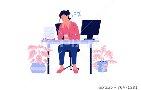 Tired woman. Stressed and burn out worker sleeps sitting at table. Overwhelmed office employee. Asleep female character procrastinating in workplace. Vector napping overworked person Tired woman. Stressed and burn out worker sleeps sitting at table. Overwhelmed office employee. Asleep female character procrastinating in workplace. Vector napping overworked person 76471581